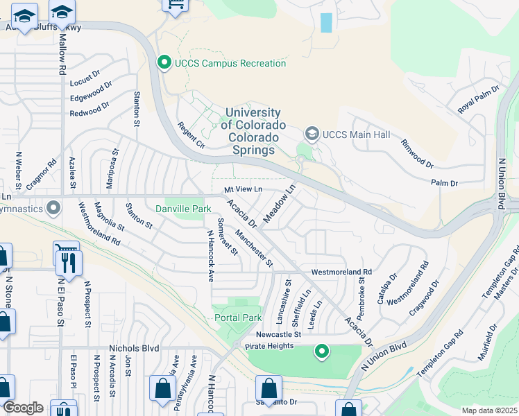 map of restaurants, bars, coffee shops, grocery stores, and more near 3841 Linda Vista Lane in Colorado Springs