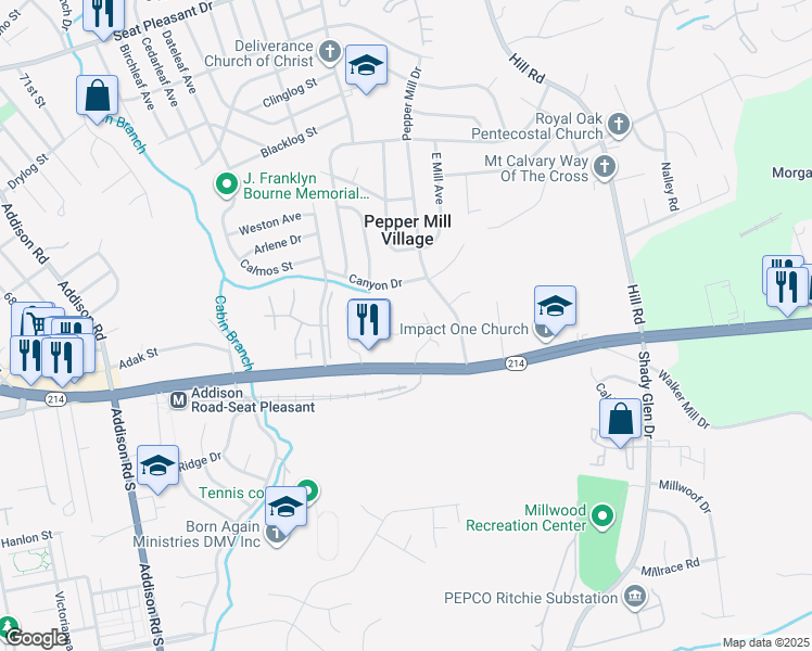map of restaurants, bars, coffee shops, grocery stores, and more near 134 Daimler Drive in Capitol Heights