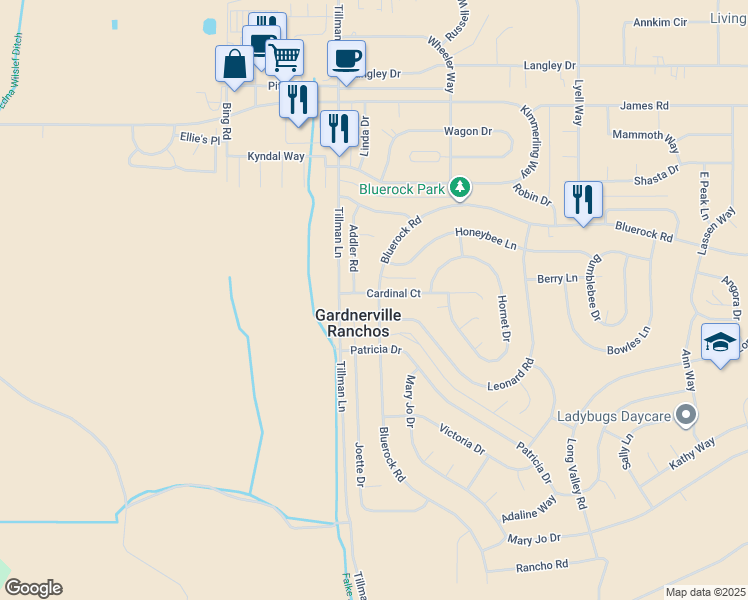 map of restaurants, bars, coffee shops, grocery stores, and more near 698 Bluerock Road in Gardnerville