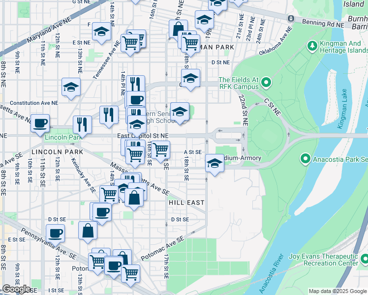 map of restaurants, bars, coffee shops, grocery stores, and more near 7 18th Street Southeast in Washington