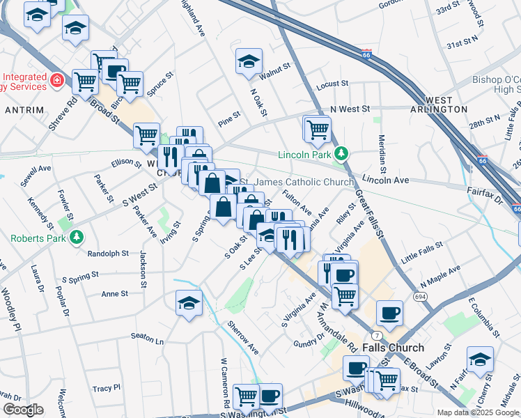 map of restaurants, bars, coffee shops, grocery stores, and more near 809 Park Avenue in Falls Church