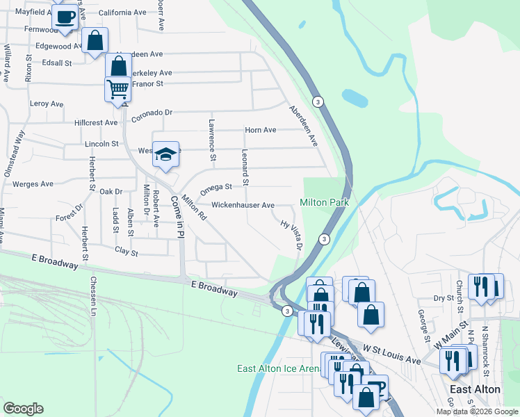 map of restaurants, bars, coffee shops, grocery stores, and more near 3605 Wickenhauser Avenue in Alton