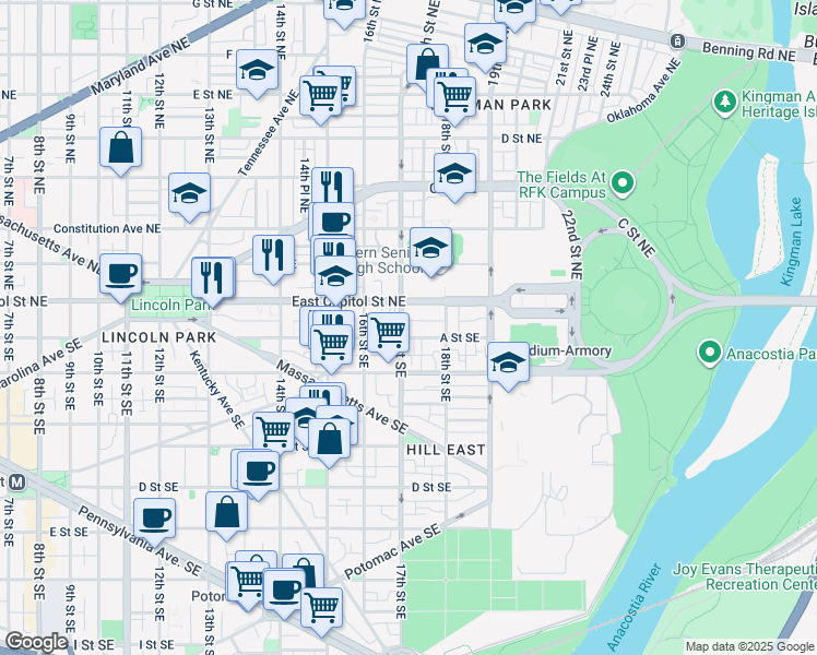 map of restaurants, bars, coffee shops, grocery stores, and more near 24 17th Street Southeast in Washington