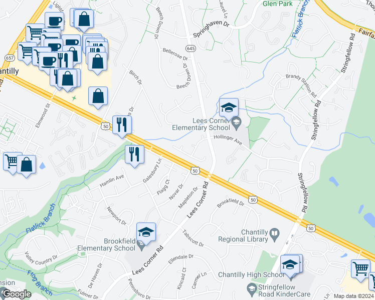 map of restaurants, bars, coffee shops, grocery stores, and more near 13522 Leith Court in Chantilly