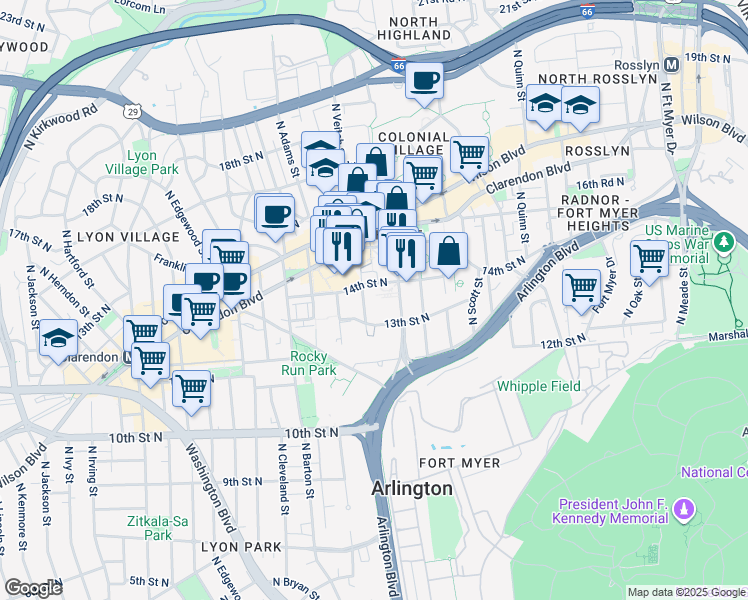 map of restaurants, bars, coffee shops, grocery stores, and more near 1320 North Courthouse Road in Arlington