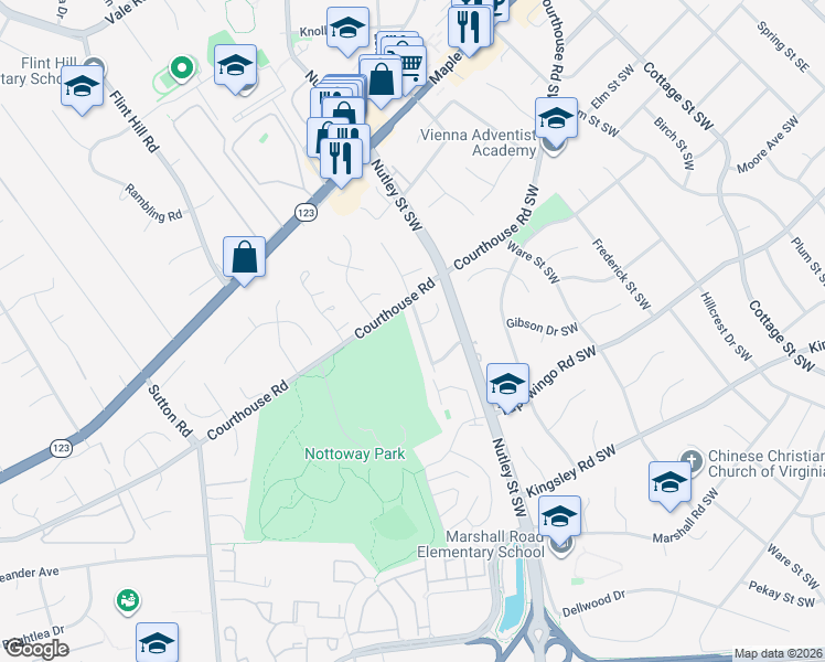 map of restaurants, bars, coffee shops, grocery stores, and more near 501 Moorefield Road Southwest in Vienna
