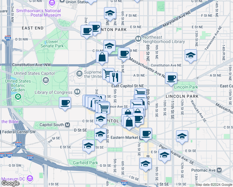map of restaurants, bars, coffee shops, grocery stores, and more near 20 5th Street Southeast in Washington