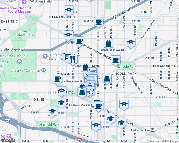 map of restaurants, bars, coffee shops, grocery stores, and more near 23 7th Street Southeast in Washington