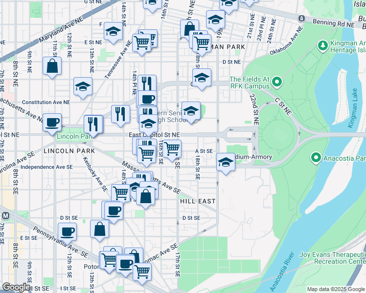 map of restaurants, bars, coffee shops, grocery stores, and more near 101 Independence Avenue Southeast in Washington
