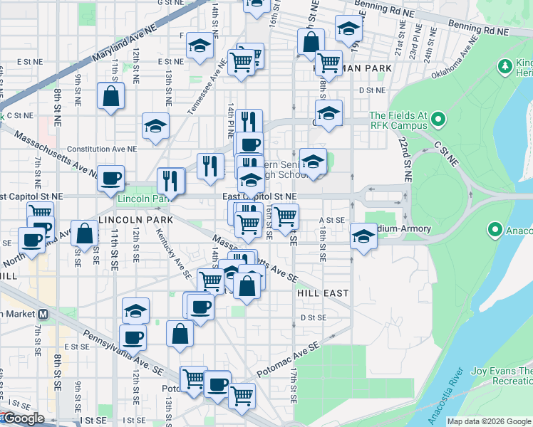 map of restaurants, bars, coffee shops, grocery stores, and more near 101 Independence Avenue Southeast in Washington
