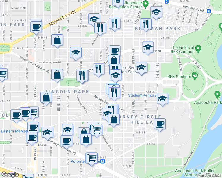 map of restaurants, bars, coffee shops, grocery stores, and more near 101 Independence Avenue Southeast in Washington