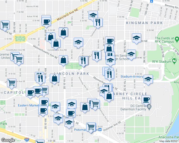 map of restaurants, bars, coffee shops, grocery stores, and more near 101 Independence Avenue Southeast in Washington