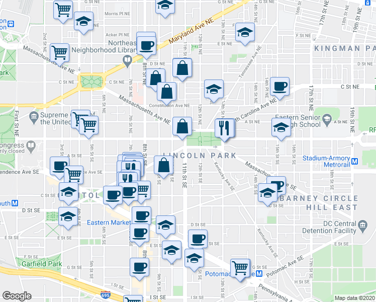 map of restaurants, bars, coffee shops, grocery stores, and more near 101 Independence Avenue Southeast in Washington
