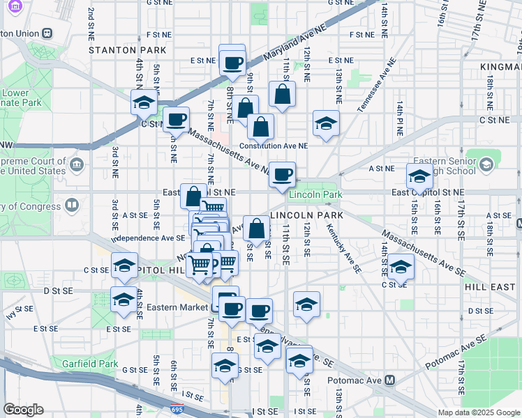map of restaurants, bars, coffee shops, grocery stores, and more near 101 Independence Avenue Southeast in Washington