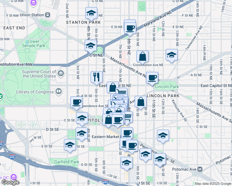 map of restaurants, bars, coffee shops, grocery stores, and more near 101 Independence Avenue Southeast in Washington