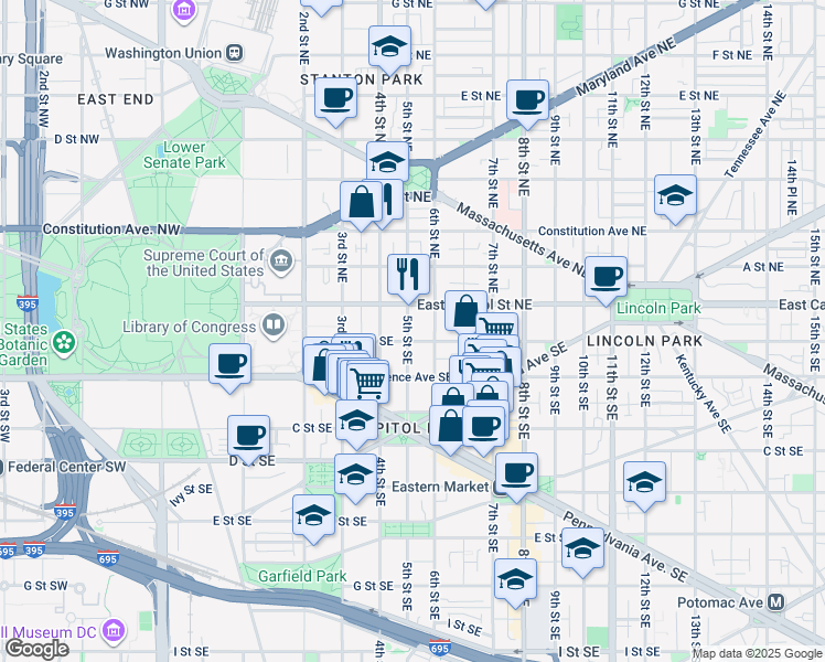 map of restaurants, bars, coffee shops, grocery stores, and more near 20 5th Street Southeast in Washington