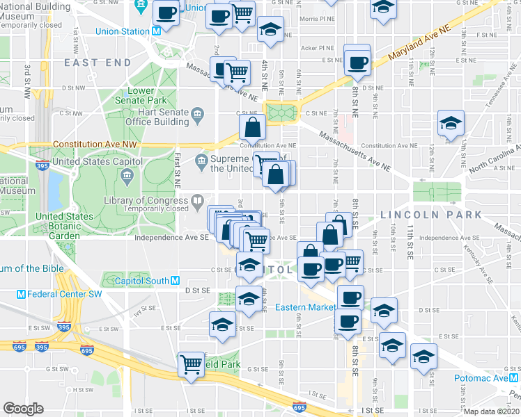 map of restaurants, bars, coffee shops, grocery stores, and more near 101 Independence Avenue Southeast in Washington