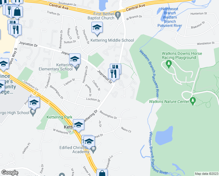 map of restaurants, bars, coffee shops, grocery stores, and more near 111 Kettering Drive in Upper Marlboro