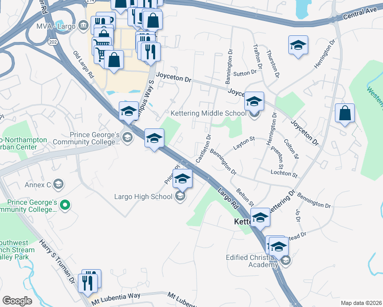 map of restaurants, bars, coffee shops, grocery stores, and more near 255 Castleton Terrace in Upper Marlboro