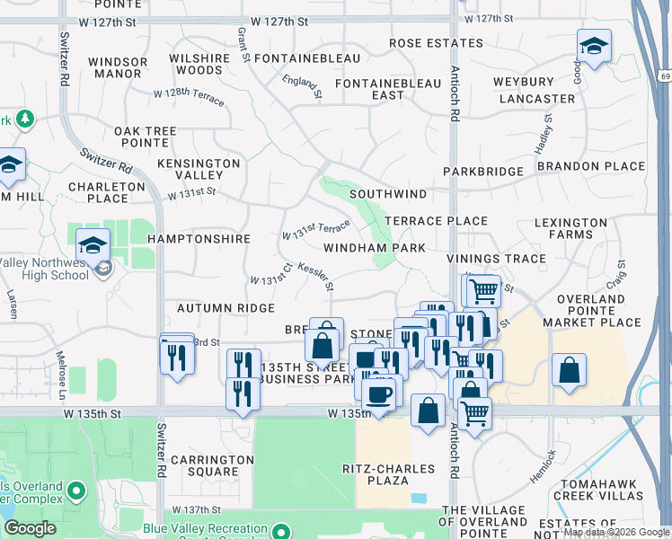 map of restaurants, bars, coffee shops, grocery stores, and more near 9128 West 131st Court in Overland Park