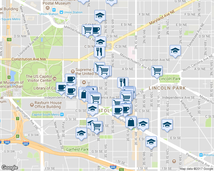 map of restaurants, bars, coffee shops, grocery stores, and more near 20 5th Street Southeast in Washington