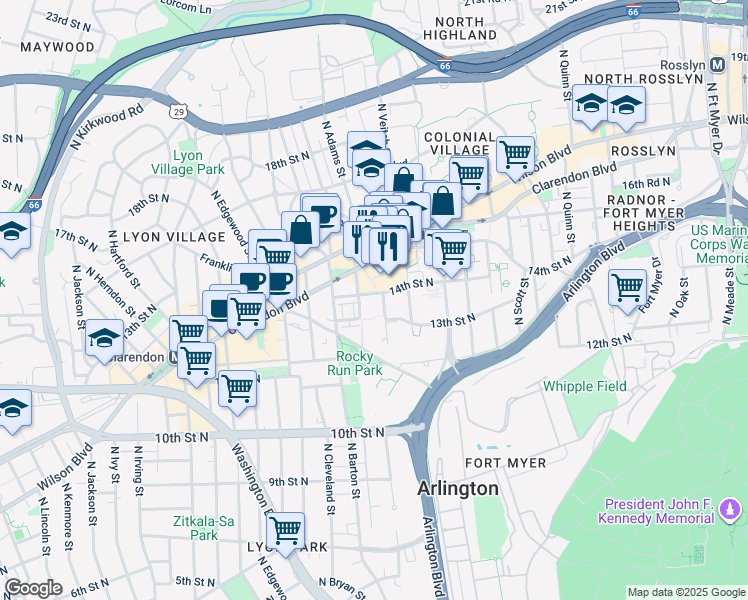 map of restaurants, bars, coffee shops, grocery stores, and more near 2310 14th Street North in Arlington
