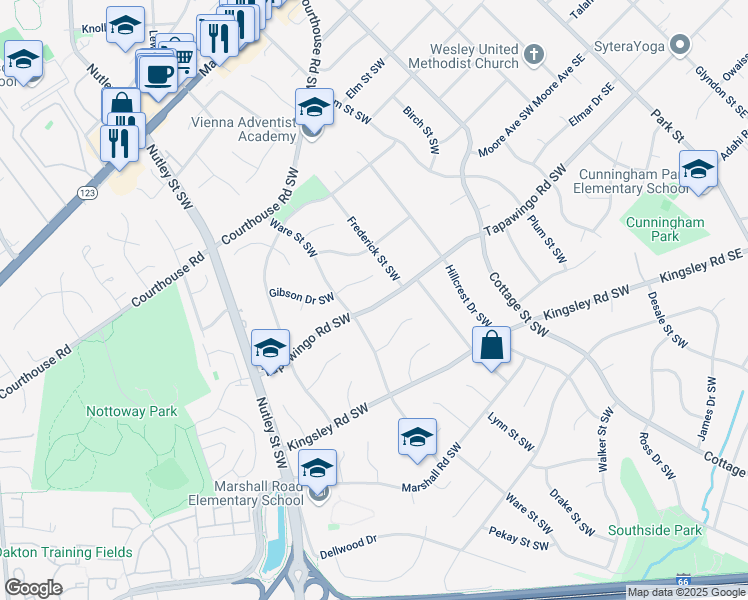 map of restaurants, bars, coffee shops, grocery stores, and more near 509 Tapawingo Road Southwest in Vienna
