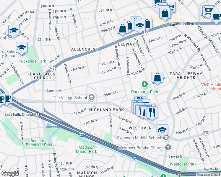 map of restaurants, bars, coffee shops, grocery stores, and more near 6042 21st Street North in Arlington