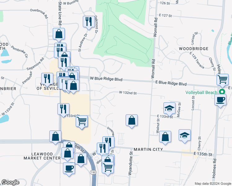 map of restaurants, bars, coffee shops, grocery stores, and more near 401 W 132nd Terrace in Kansas City