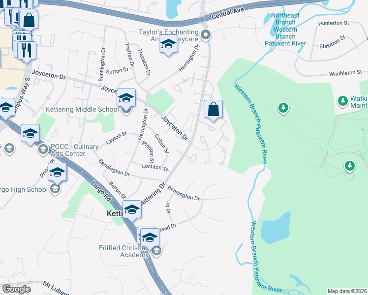 map of restaurants, bars, coffee shops, grocery stores, and more near 111 Kettering Drive in Upper Marlboro