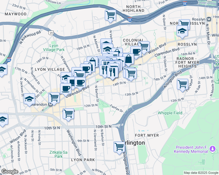 map of restaurants, bars, coffee shops, grocery stores, and more near 2300 14th Street North in Arlington