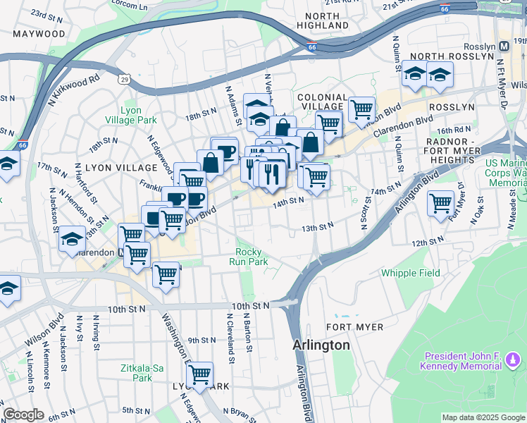 map of restaurants, bars, coffee shops, grocery stores, and more near 2310 14th Street North in Arlington