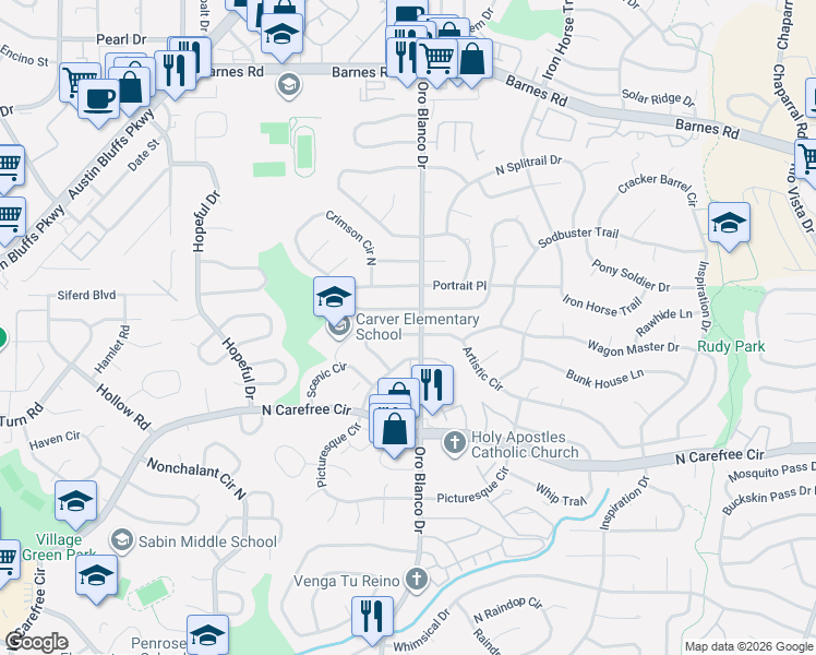 map of restaurants, bars, coffee shops, grocery stores, and more near 4792 Artistic Cir in Colorado Springs