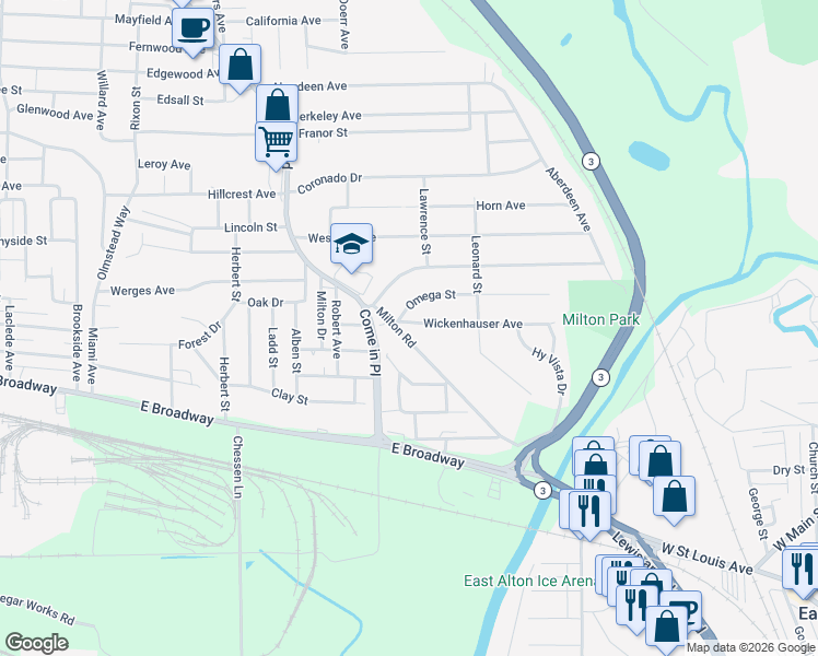map of restaurants, bars, coffee shops, grocery stores, and more near 3508 Wickenhauser Avenue in Alton