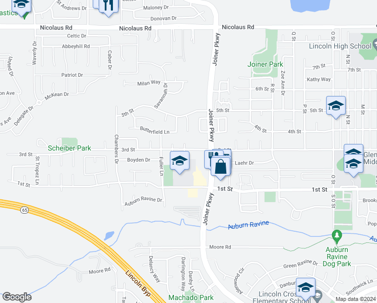 map of restaurants, bars, coffee shops, grocery stores, and more near 303 Ahart Court in Lincoln