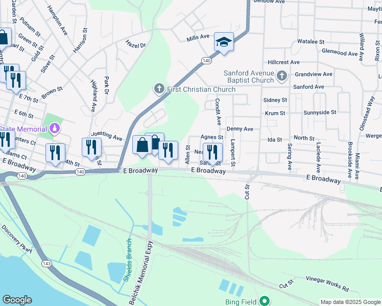 map of restaurants, bars, coffee shops, grocery stores, and more near 227 Allen Street in Alton