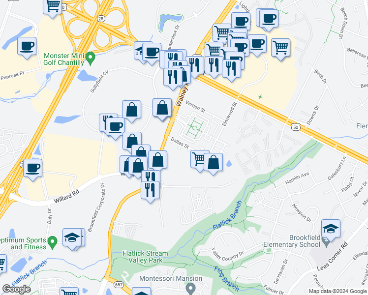 map of restaurants, bars, coffee shops, grocery stores, and more near 4159 Travers Court in Chantilly
