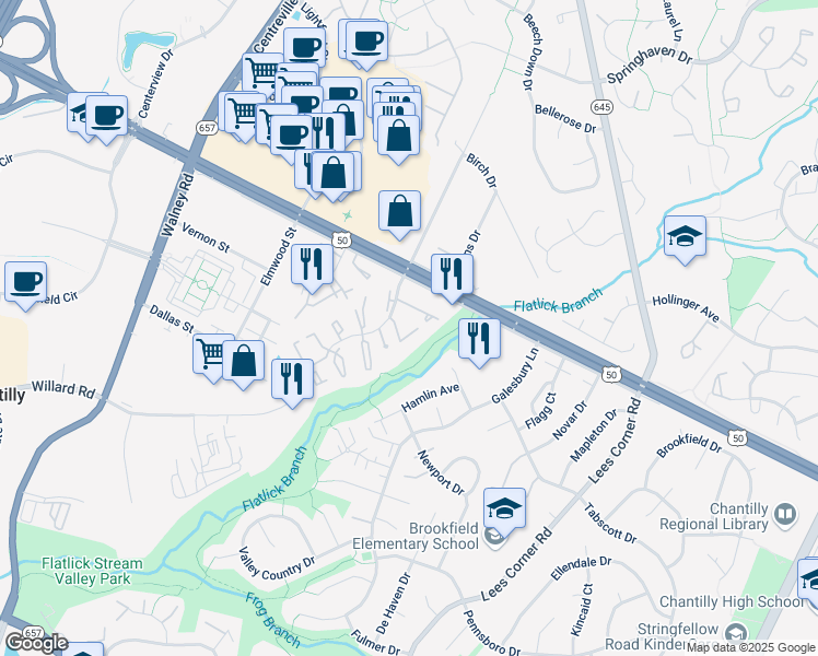 map of restaurants, bars, coffee shops, grocery stores, and more near 13714 Flowing Brook Court in Chantilly