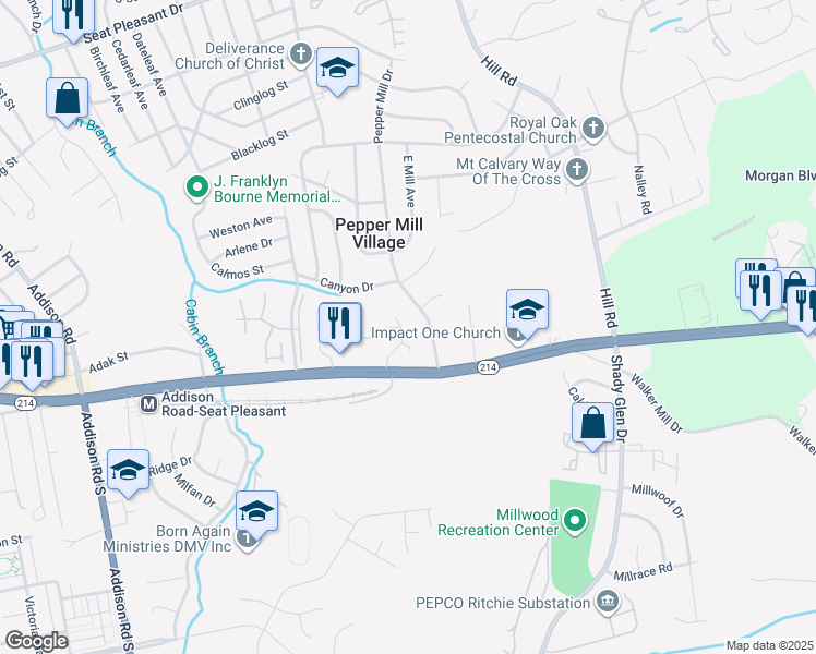 map of restaurants, bars, coffee shops, grocery stores, and more near 19 Daimler Drive in Capitol Heights
