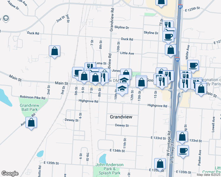map of restaurants, bars, coffee shops, grocery stores, and more near 901 Main Street in Grandview