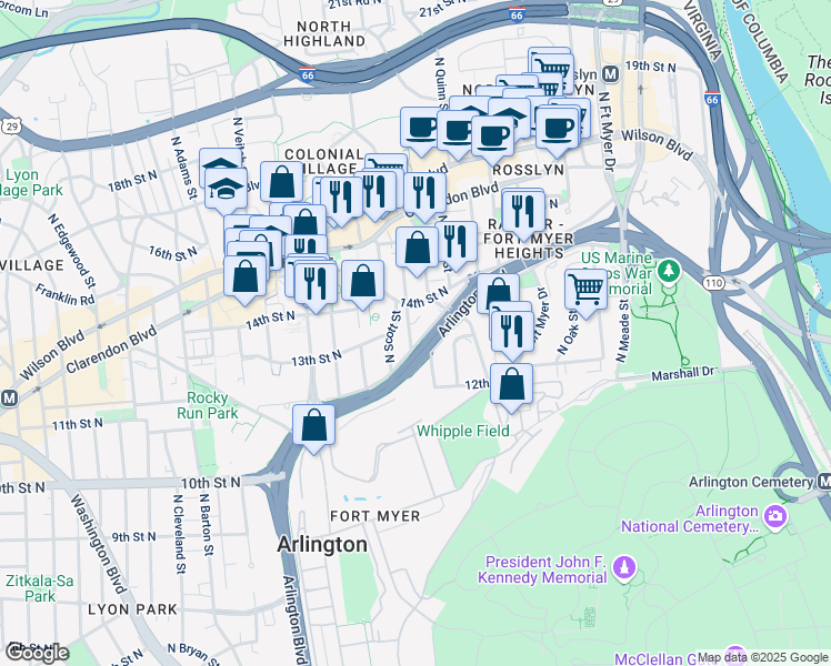 map of restaurants, bars, coffee shops, grocery stores, and more near 1313 North Rolfe Street in Arlington