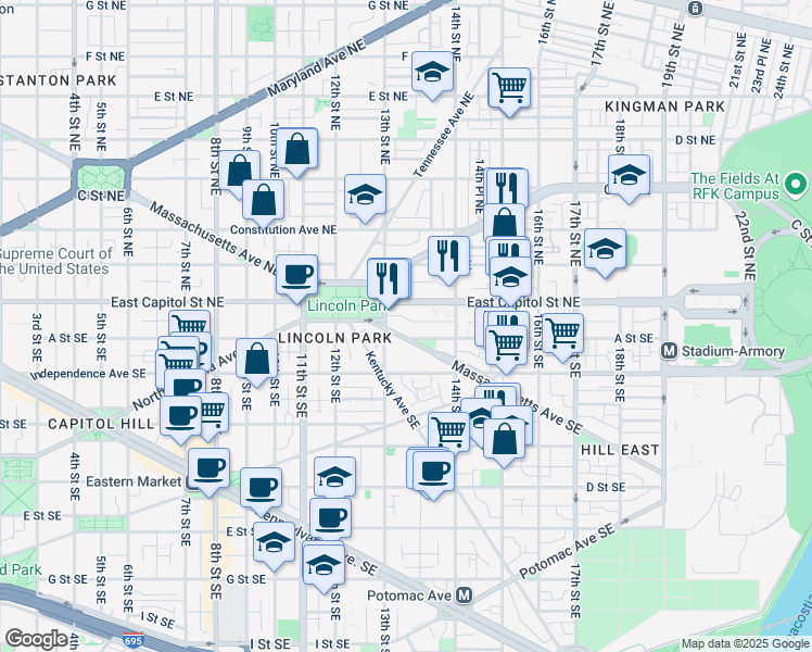 map of restaurants, bars, coffee shops, grocery stores, and more near 1320 Massachusetts Avenue Southeast in Washington