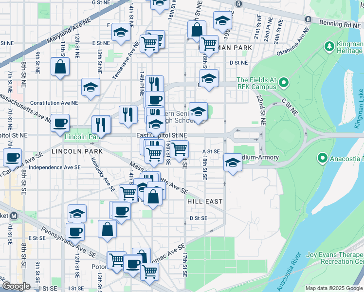 map of restaurants, bars, coffee shops, grocery stores, and more near 27 17th Street Southeast in Washington