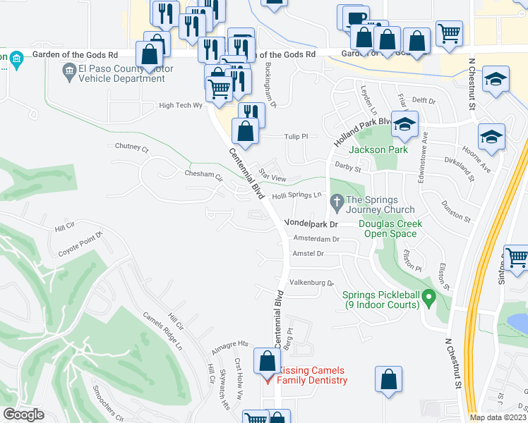 map of restaurants, bars, coffee shops, grocery stores, and more near 1347 Rotterdam Circle in Colorado Springs