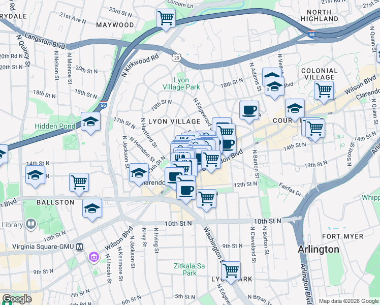 map of restaurants, bars, coffee shops, grocery stores, and more near 1505 N Garfield St in Arlington