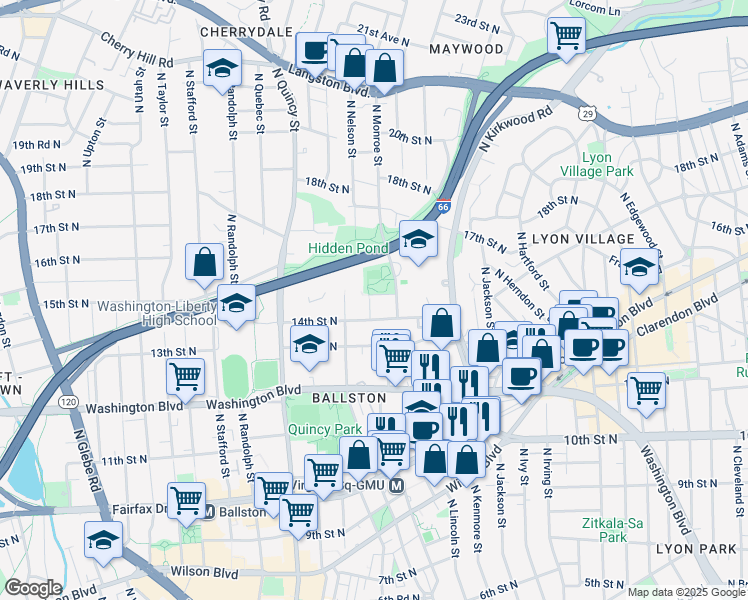 map of restaurants, bars, coffee shops, grocery stores, and more near 3514 15th Street North in Arlington