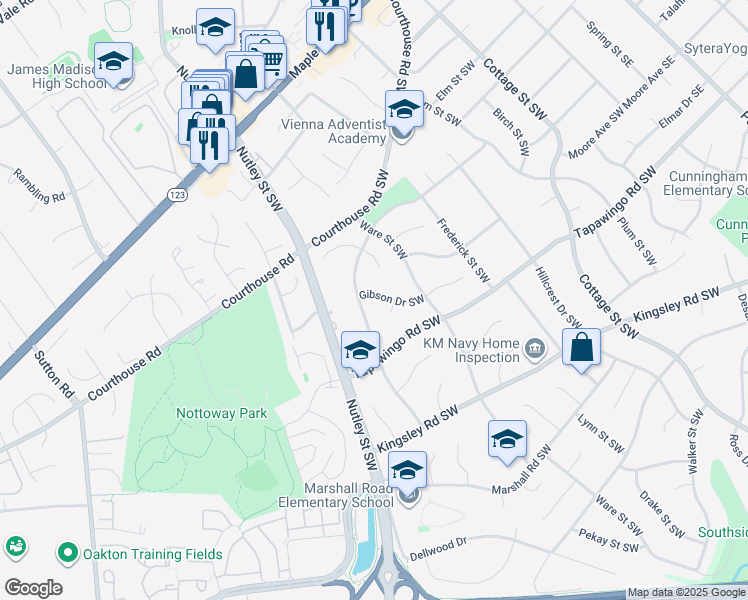 map of restaurants, bars, coffee shops, grocery stores, and more near 622 Gibson Drive Southwest in Vienna