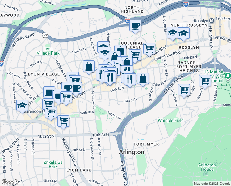 map of restaurants, bars, coffee shops, grocery stores, and more near 1320 North Veitch Street in Arlington