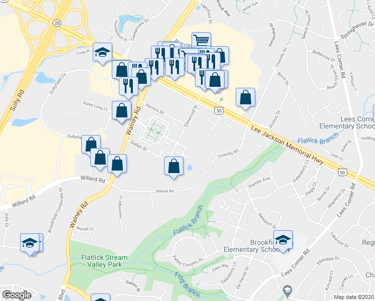 map of restaurants, bars, coffee shops, grocery stores, and more near 13909 Lindendale Lane in Chantilly