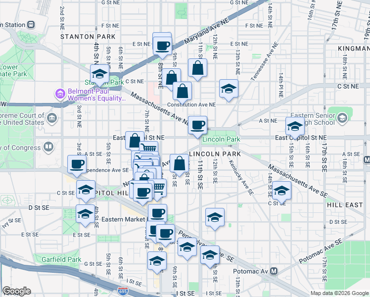 map of restaurants, bars, coffee shops, grocery stores, and more near 101 Independence Avenue Southeast in Washington